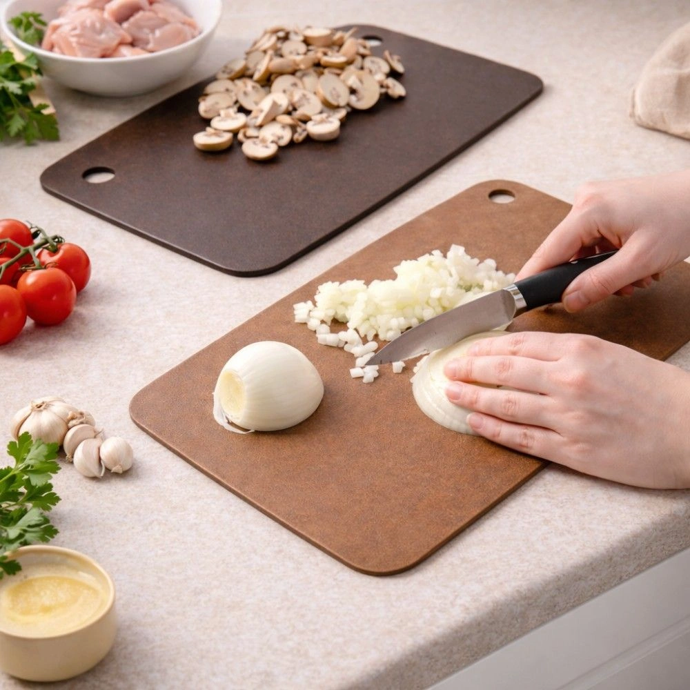 Cutting onion on a chopping board