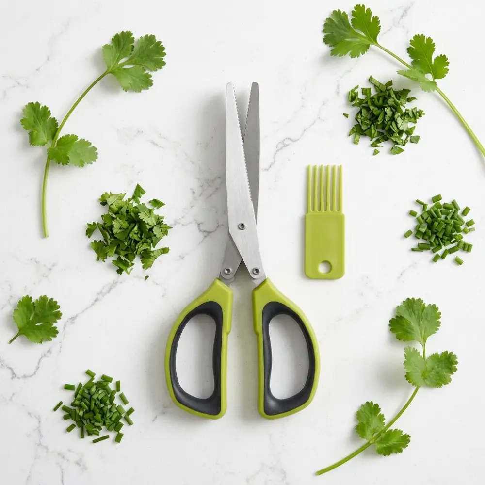 scissor cutting coriander and spring onion